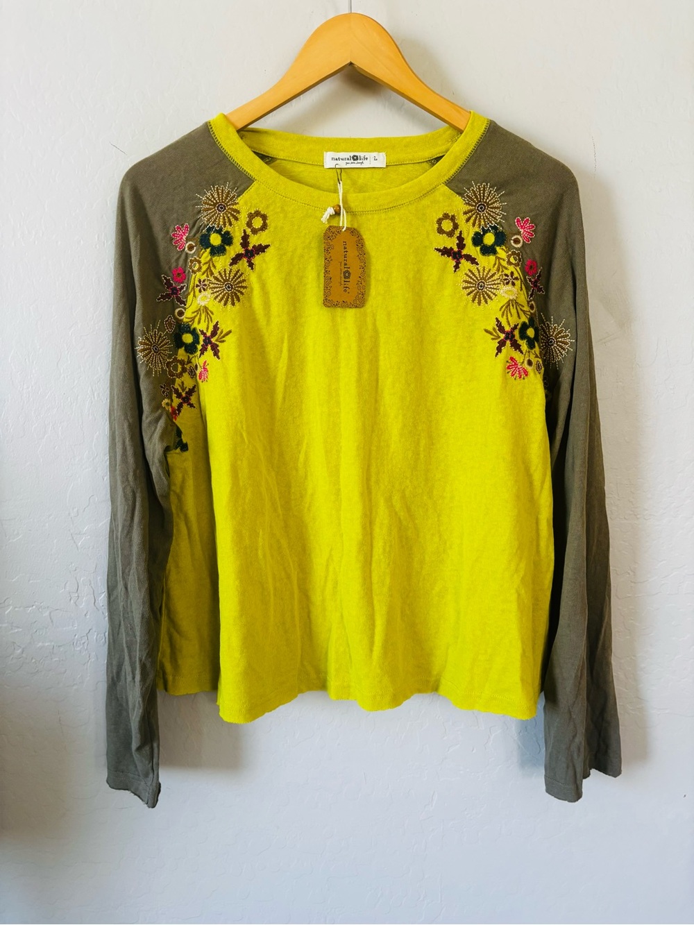 NATURAL LIFE Lime Green & Olive Floral Embroidered Long-Sleeve Top